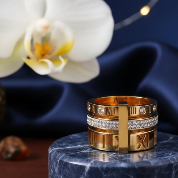 🆕️ Roman Numeral 3-in-1 Spinner Ring 18K Gold Plated Stainless Steel CZ Sz 7.5 - Picture 3 of 14
